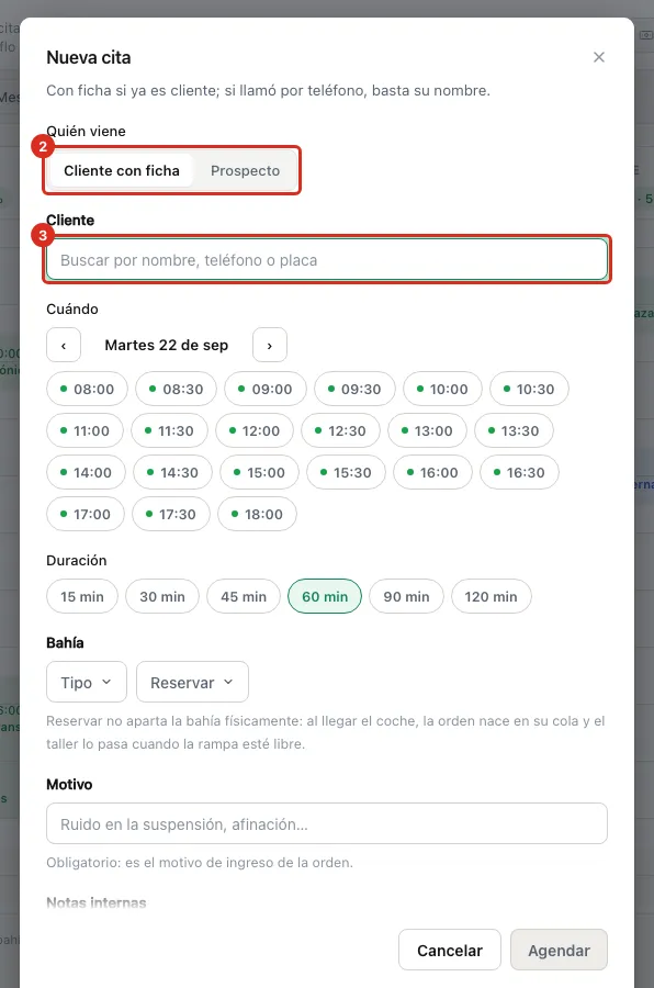 Diálogo Nueva cita con Quién viene y el buscador de cliente