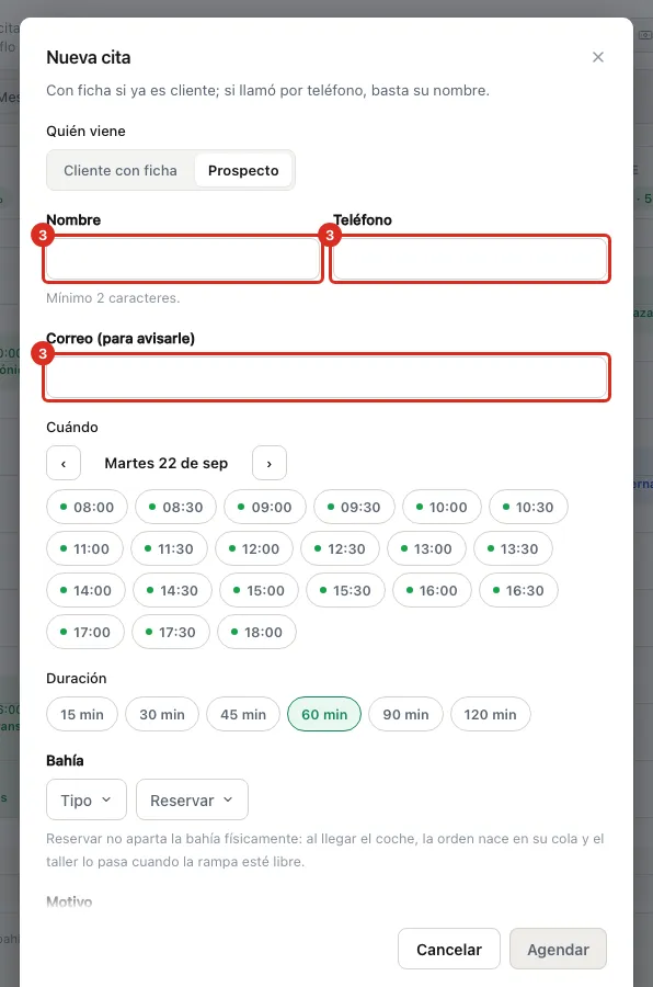 Campos del prospecto: Nombre, Teléfono y Correo