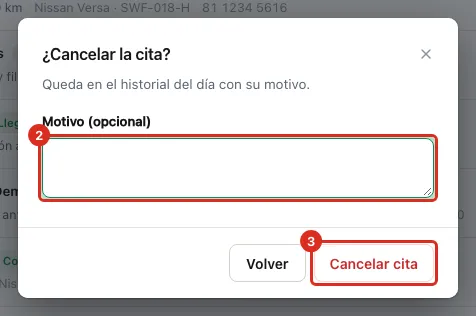 Diálogo ¿Cancelar la cita? con el motivo y el botón Cancelar cita