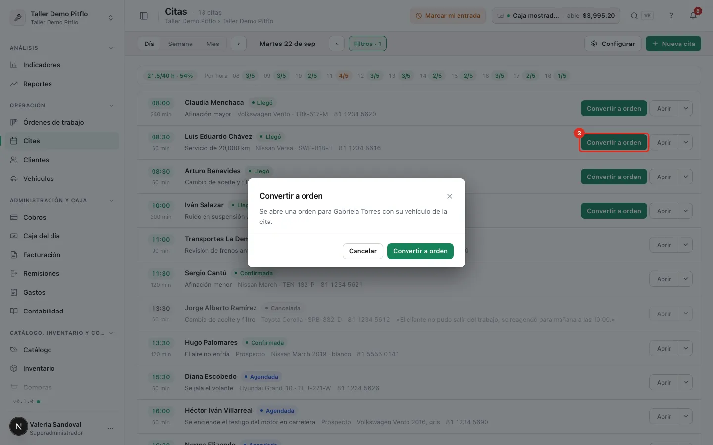Confirmación para convertir la cita de un cliente con ficha