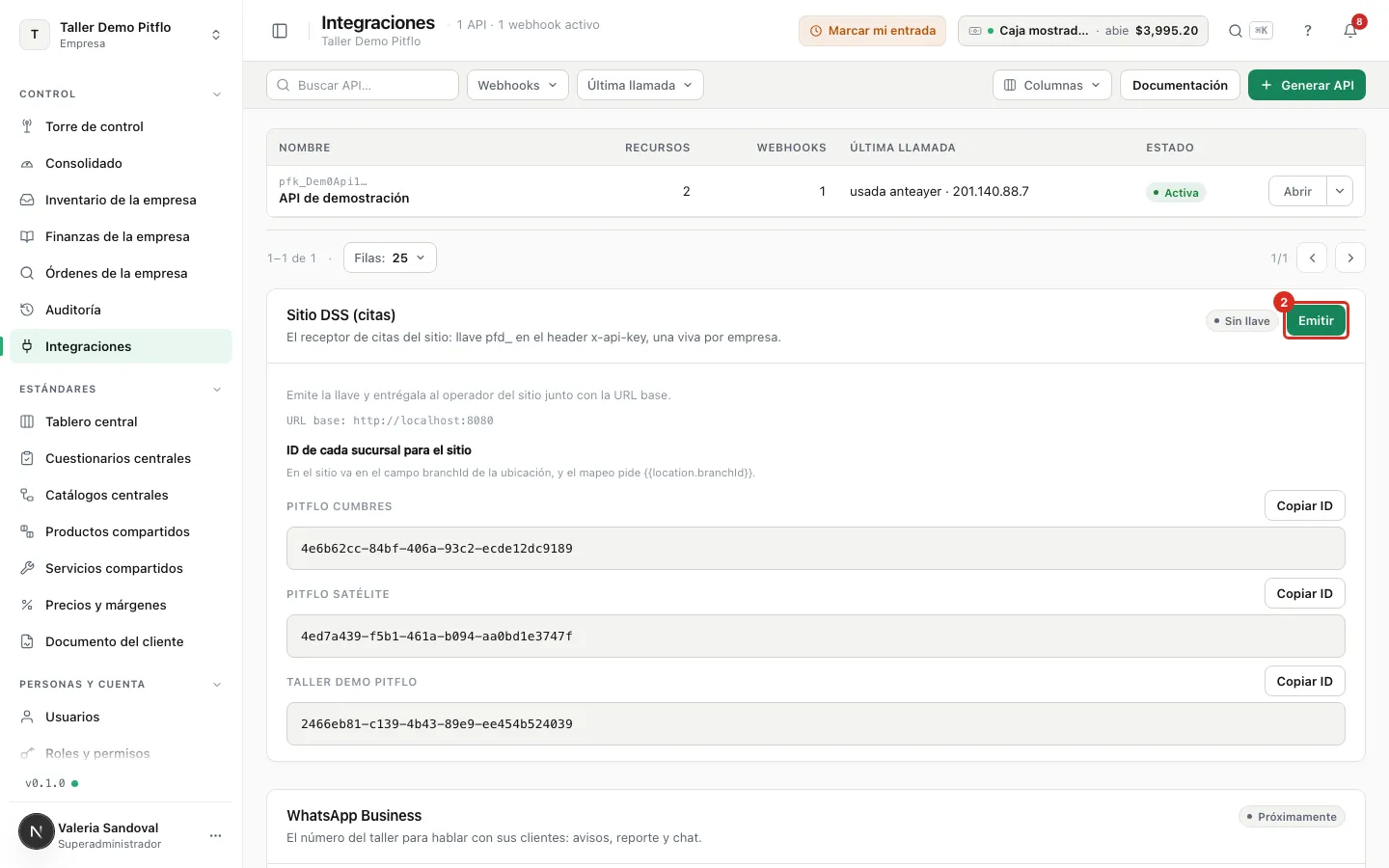 Tarjeta Sitio DSS (citas) con el botón Emitir