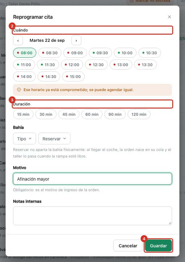 Diálogo Reprogramar cita con el día, las horas y la duración