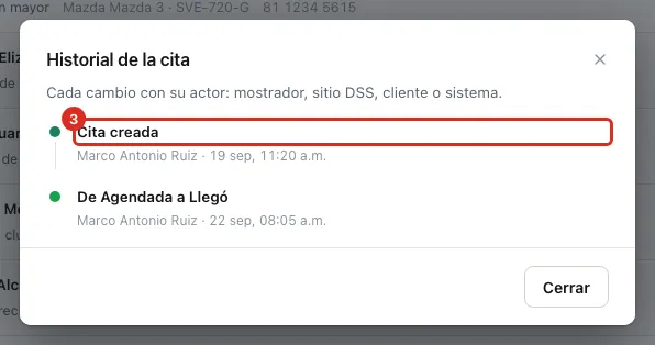 Historial de una cita con sus eventos