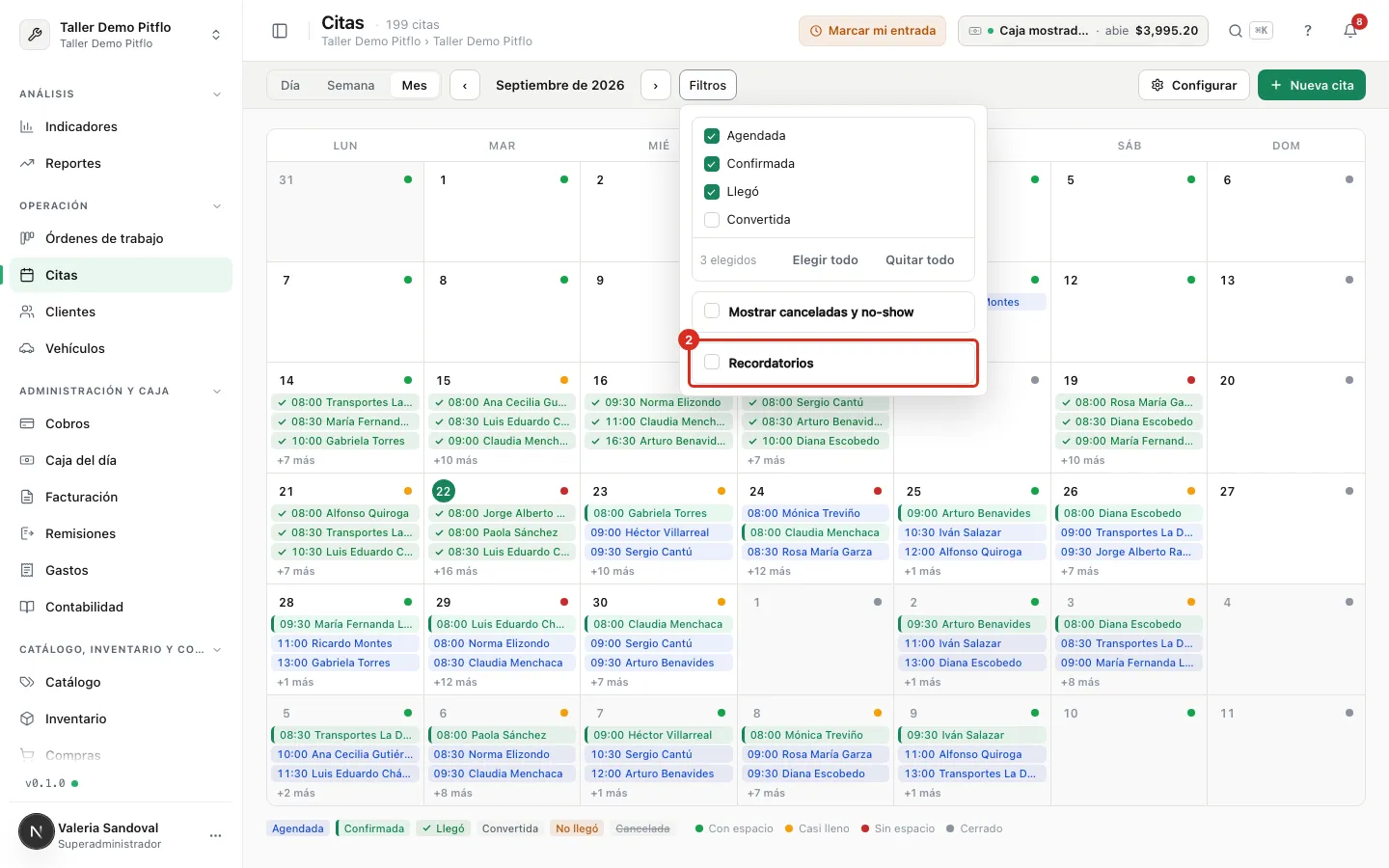 Panel de filtros con la casilla Recordatorios