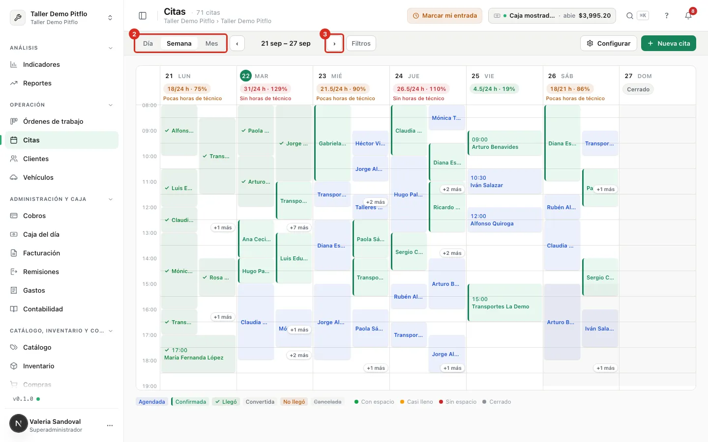 Agenda en vista Semana con el selector de vista y las flechas de fecha