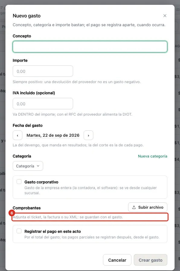 El bloque Comprobantes dentro del alta del gasto