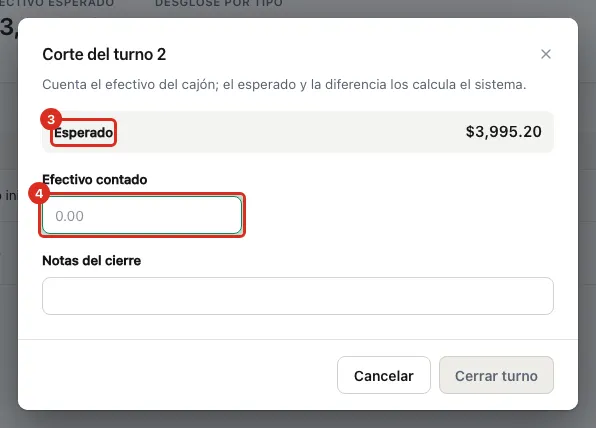 Diálogo Corte del turno con el esperado y el efectivo contado