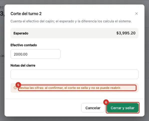 Confirmación antes de sellar el corte