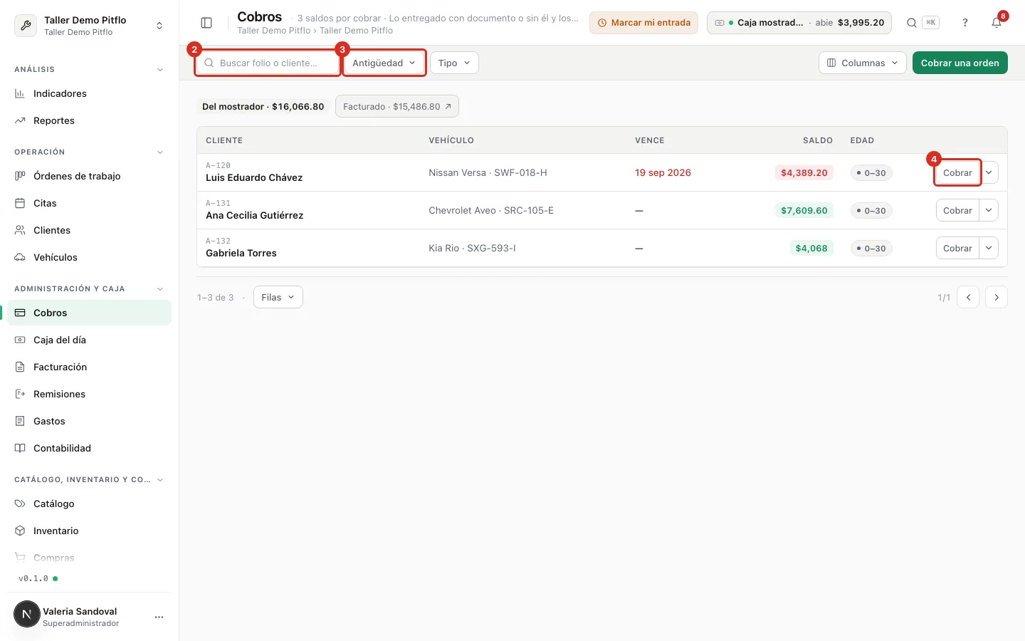 Lista de Cobros con buscador, filtros y botón Cobrar