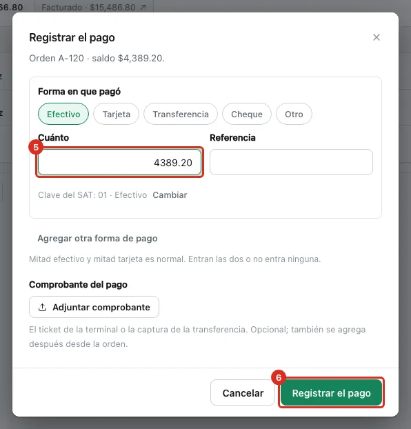 Diálogo Registrar el pago abierto desde la fila
