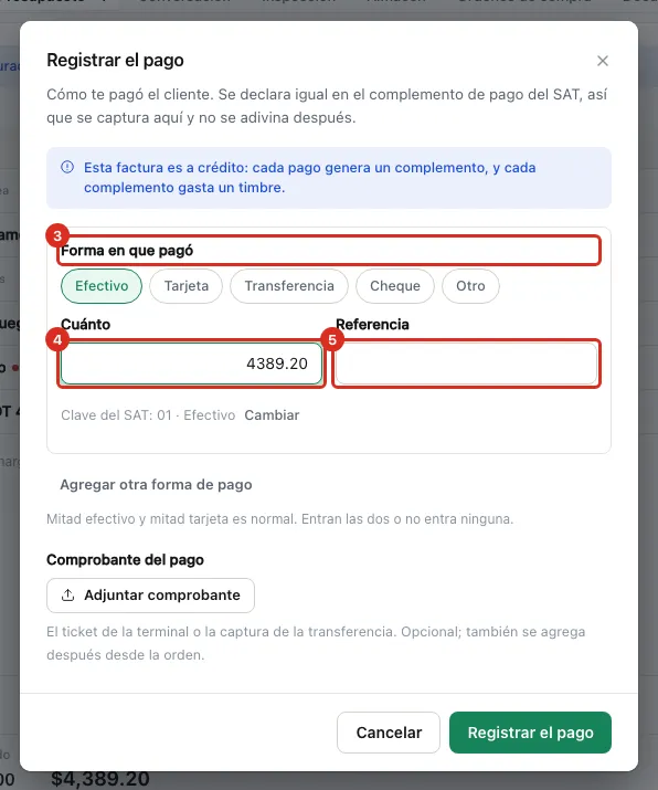 Diálogo Registrar el pago