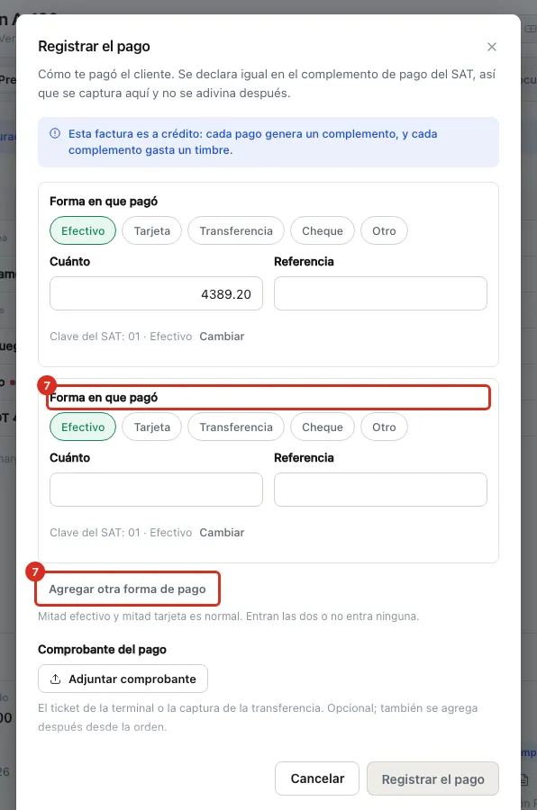 Dos formas de pago en el mismo cobro