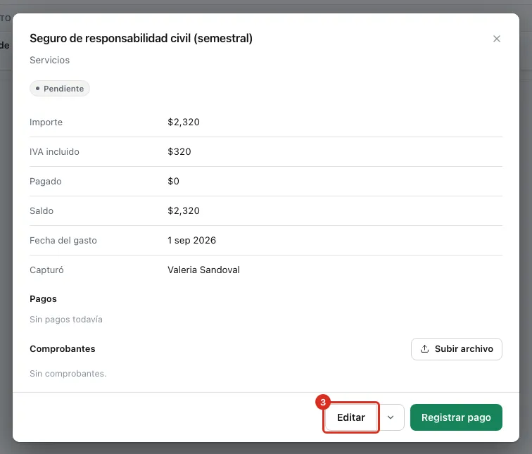 La ficha del gasto con Editar y su flecha
