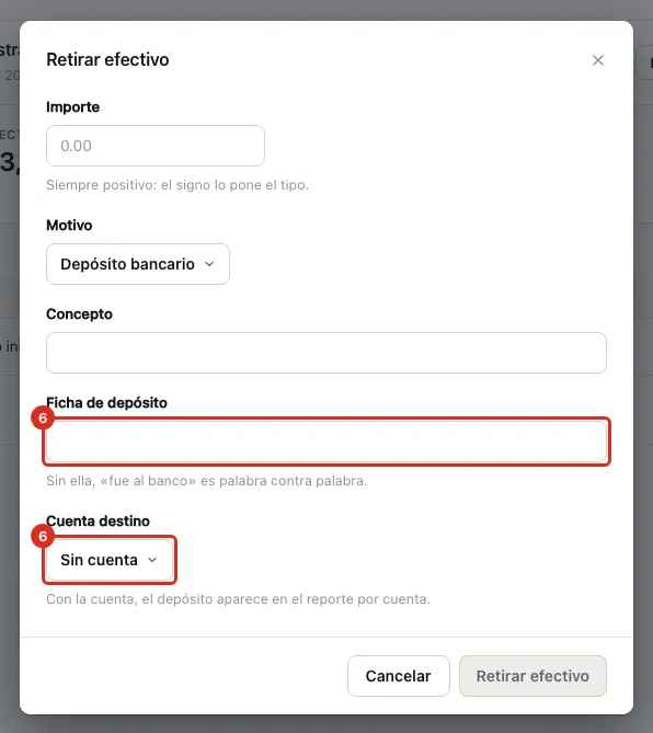 Campos Ficha de depósito y Cuenta destino