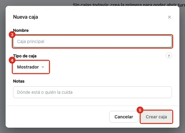 Diálogo Nueva caja