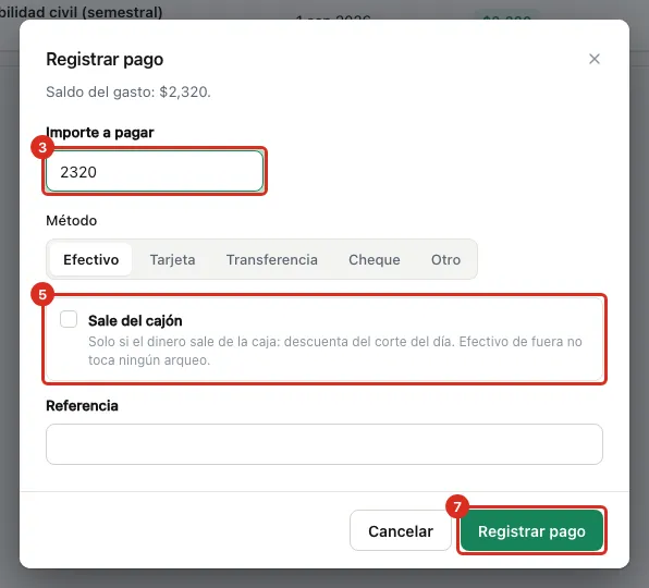 El formulario Registrar pago