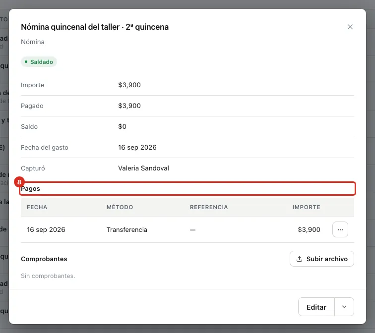 La ficha del gasto con su lista de pagos