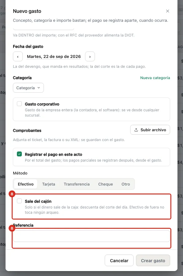 Pago registrado en el mismo acto, con la opción Sale del cajón