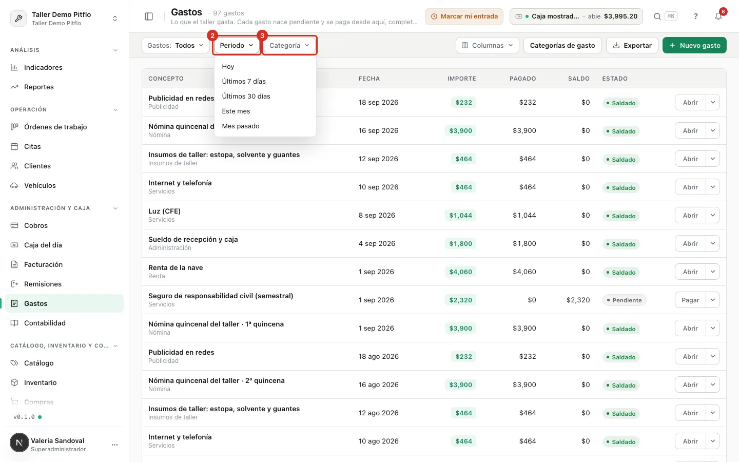 Los filtros Periodo y Categoría de la lista de gastos