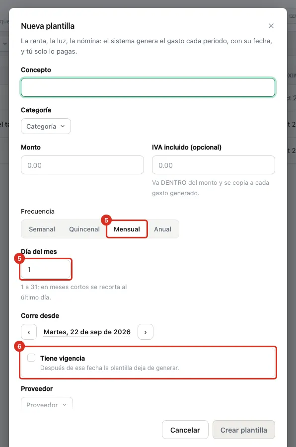 Frecuencia, día del mes y vigencia