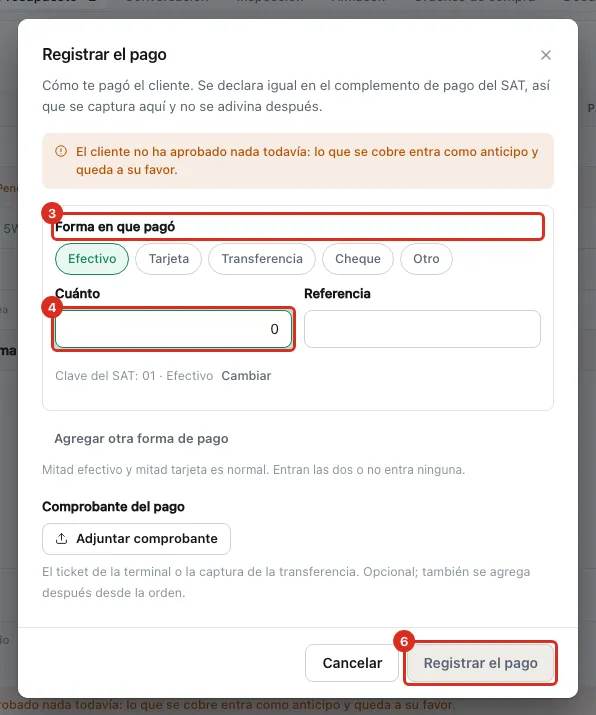 Diálogo del cobro con el importe en cero