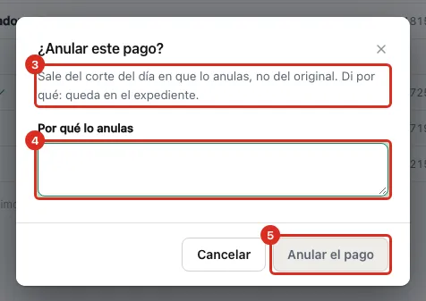 Diálogo ¿Anular este pago? con el motivo