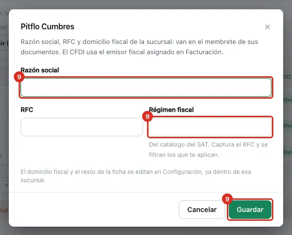 Diálogo Datos fiscales abierto desde la lista de sucursales