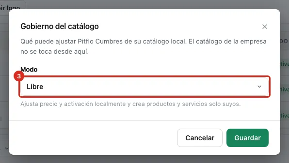 El diálogo con el selector de modo