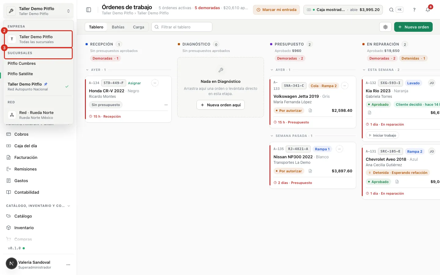 El selector abierto con la empresa y las sucursales