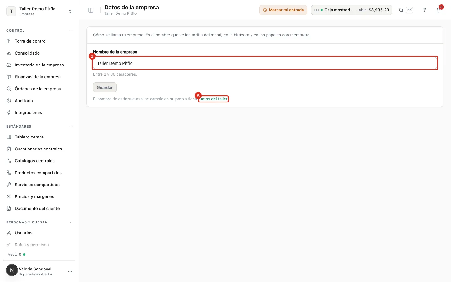 Datos de la empresa, con el nombre y la entrada a Datos del taller