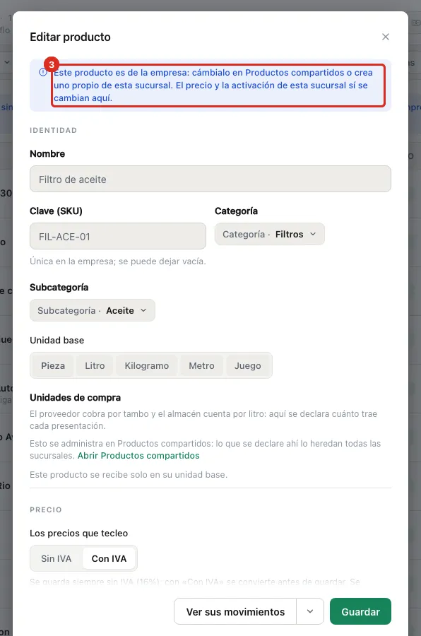 La ficha de un producto de la empresa
