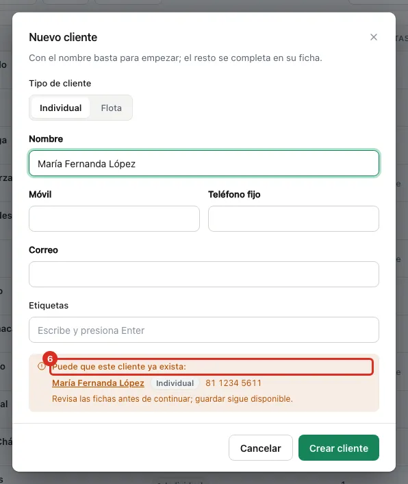 Aviso de posible cliente repetido