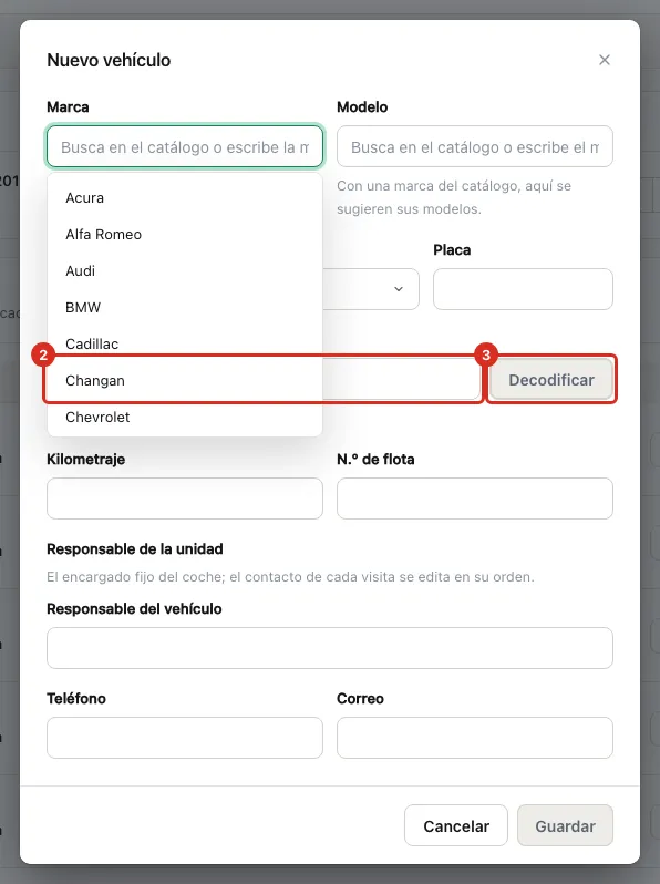 Campo VIN y botón Decodificar