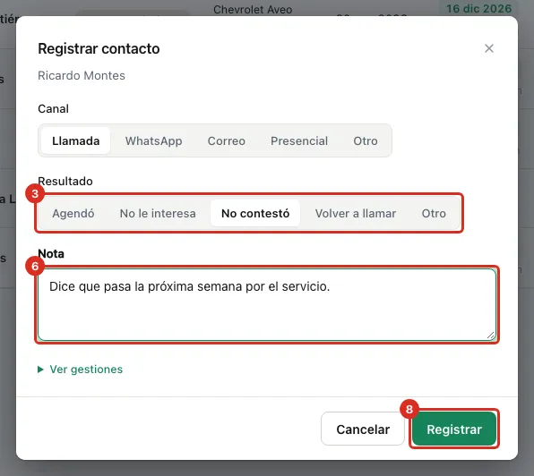 El formulario de registrar contacto