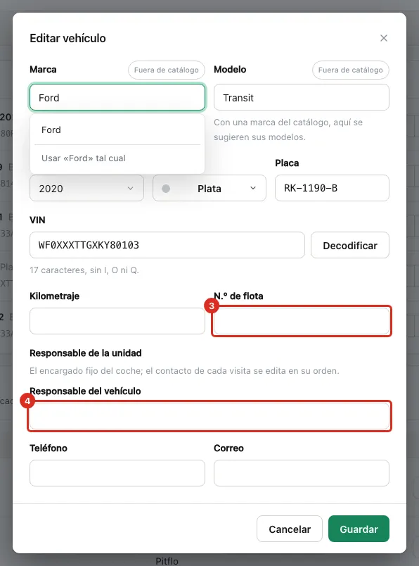 Número de flota y responsable en el formulario