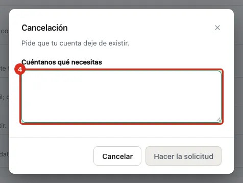 La solicitud, con el campo Cuéntanos qué necesitas