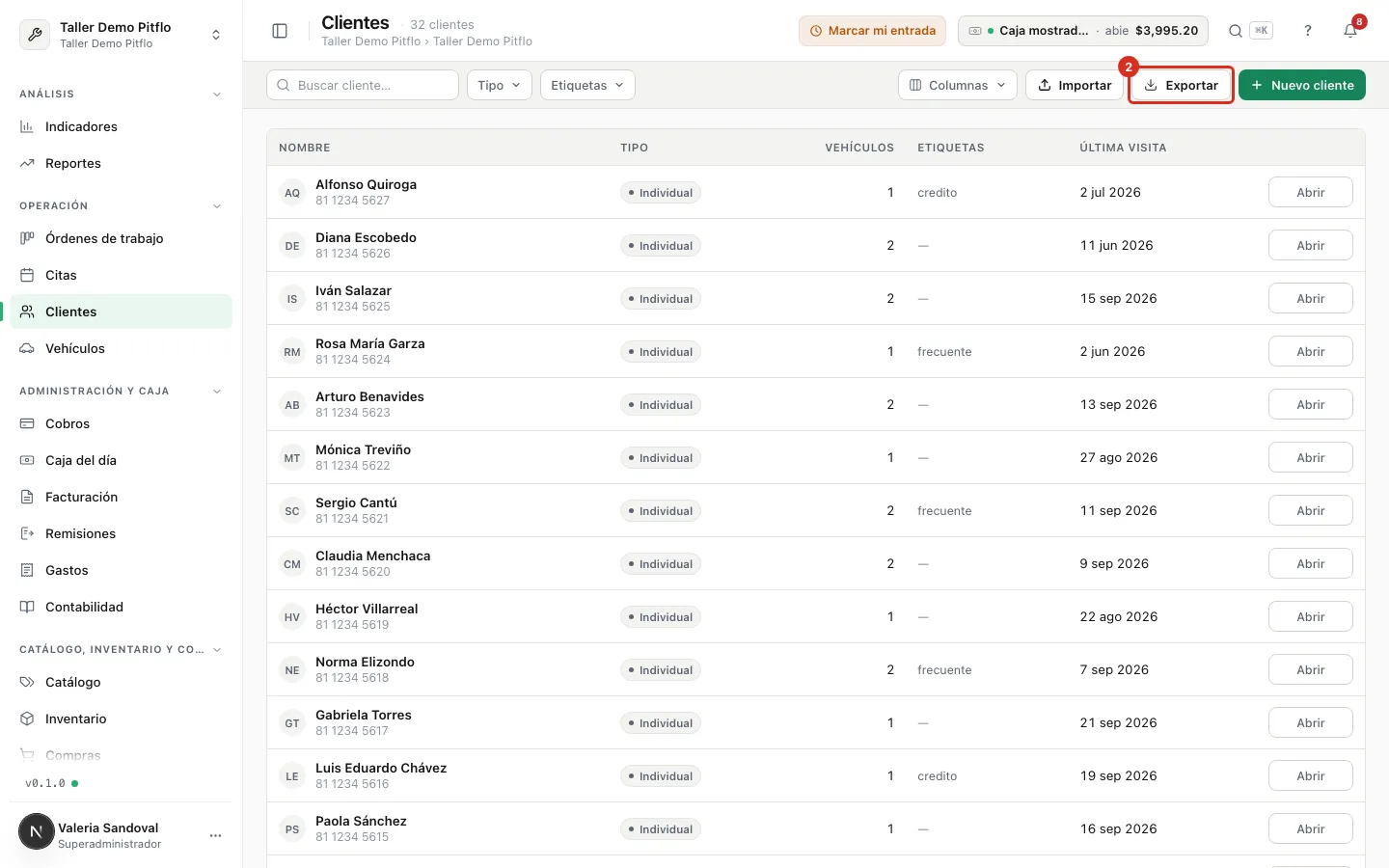 El botón Exportar en la lista de Clientes
