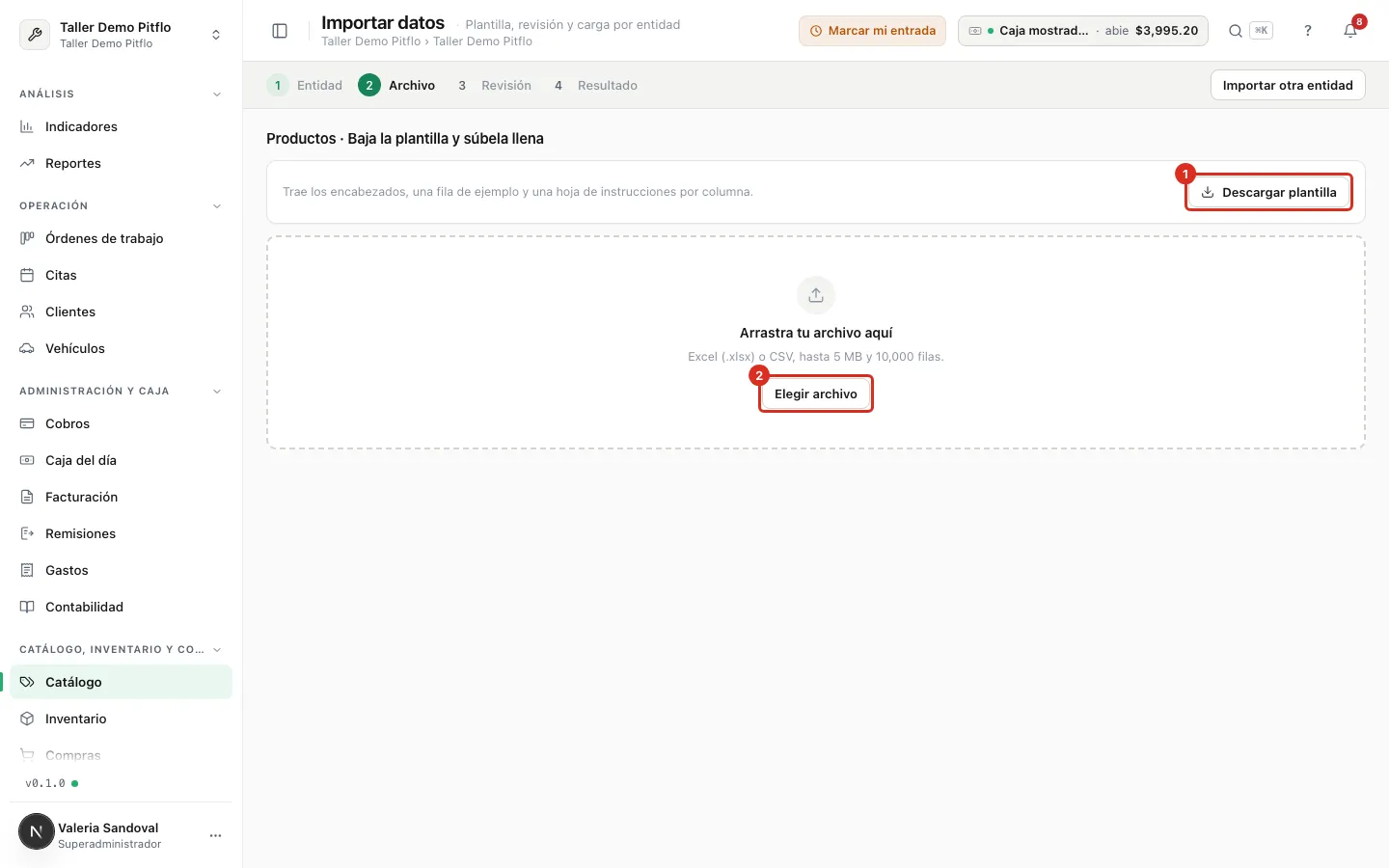 La plantilla y la zona para subir el archivo