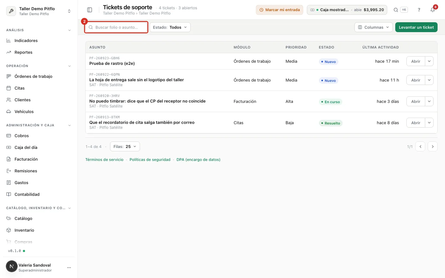 La lista de tickets con su buscador