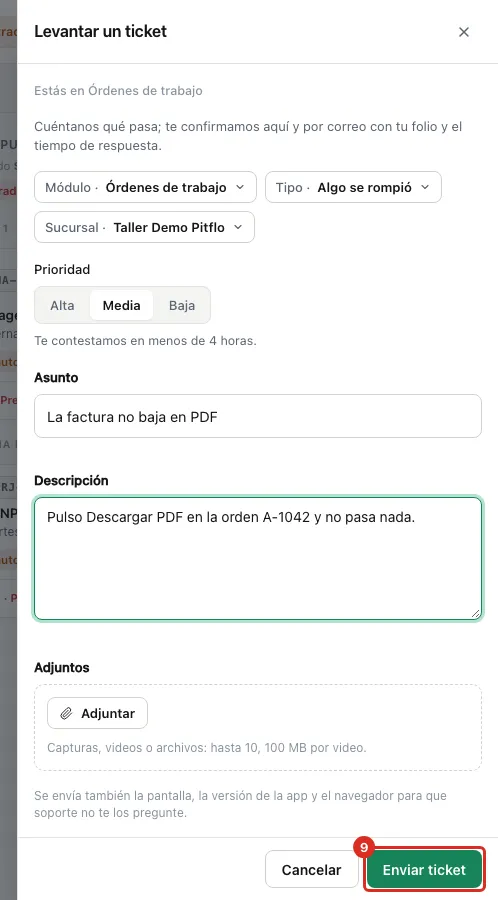 El ticket lleno y el botón Enviar ticket