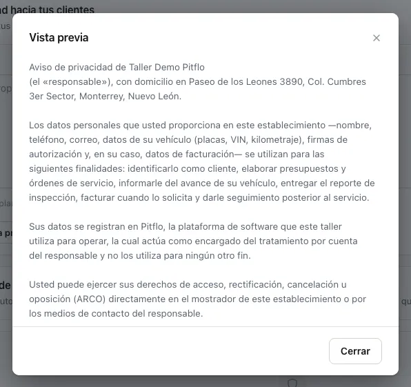La vista previa del aviso