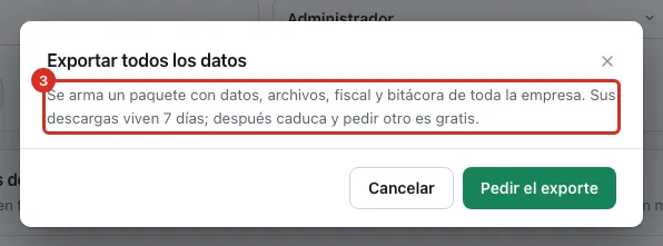 La confirmación antes de pedir el exporte