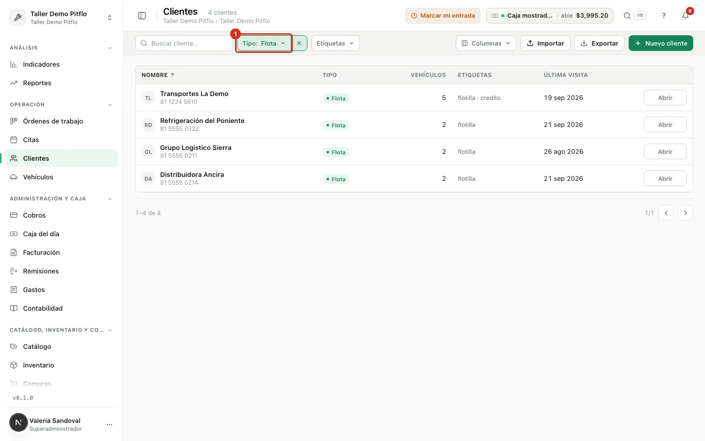 La lista de Clientes con el filtro Tipo puesto