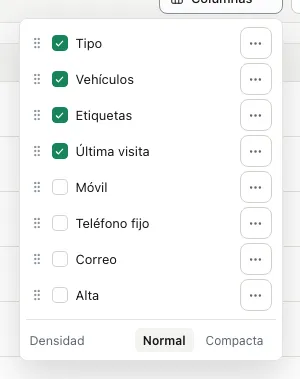 Densidad, al pie del panel de Columnas