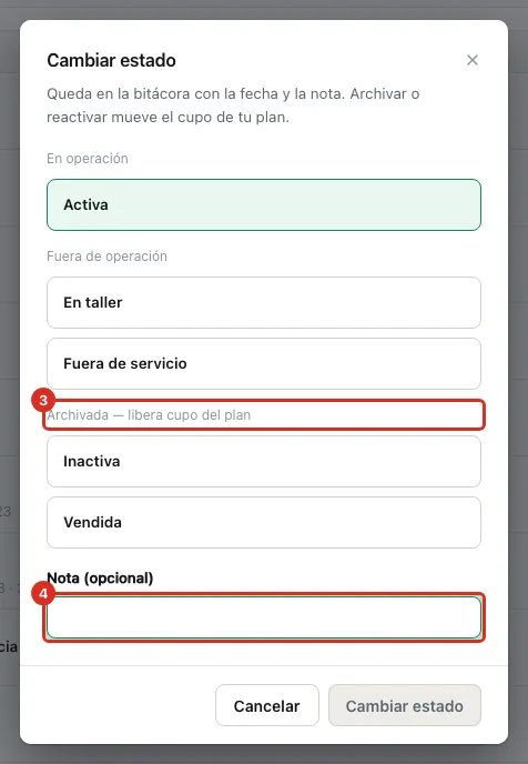 El diálogo Cambiar estado