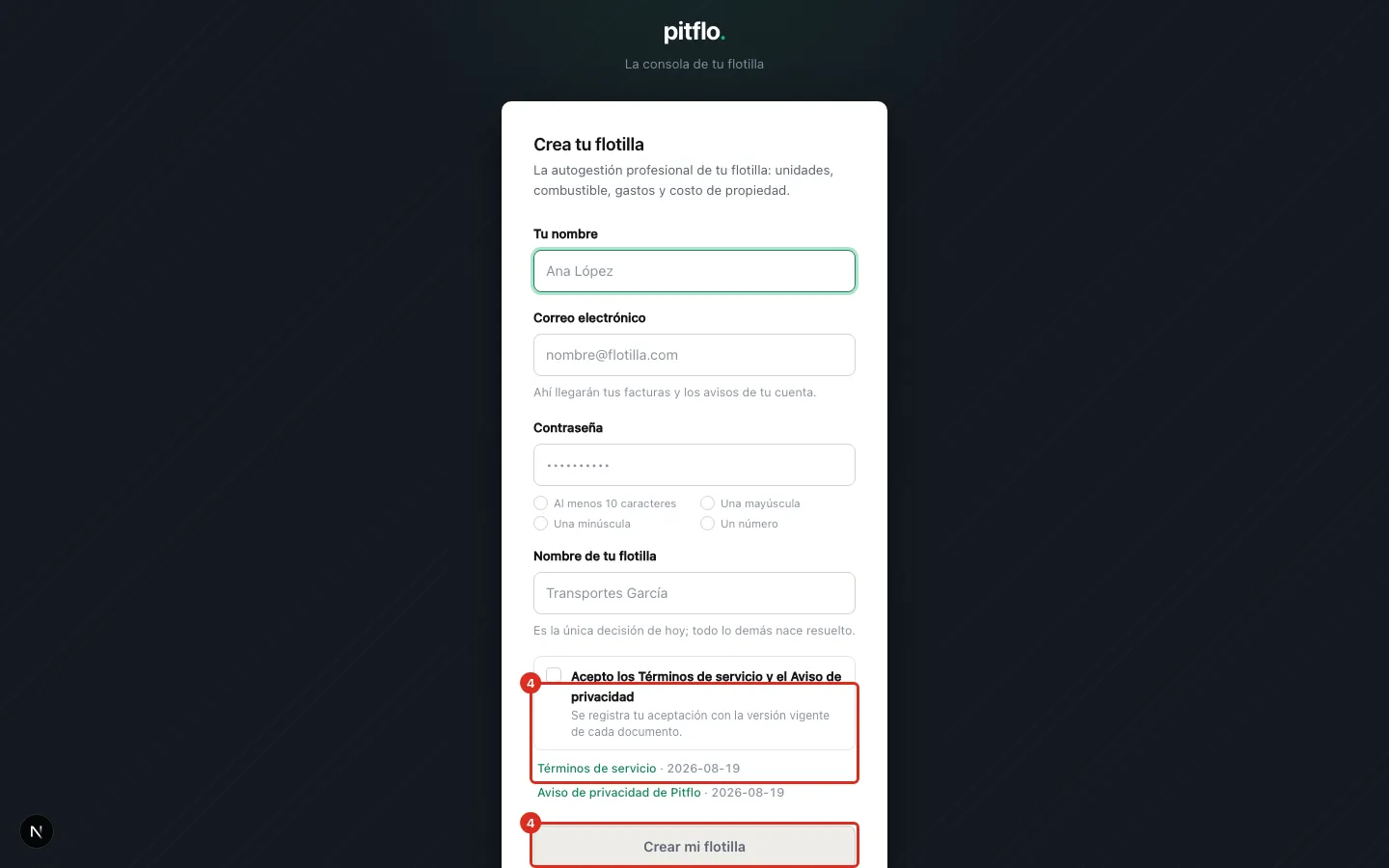 Aceptar los términos y crear la flotilla