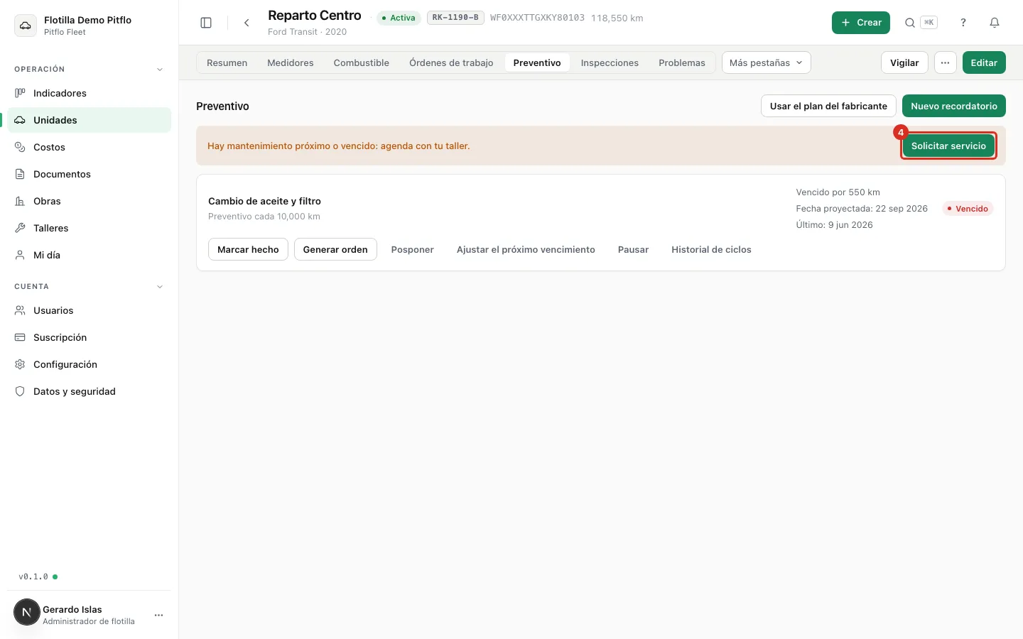 El aviso con Solicitar servicio