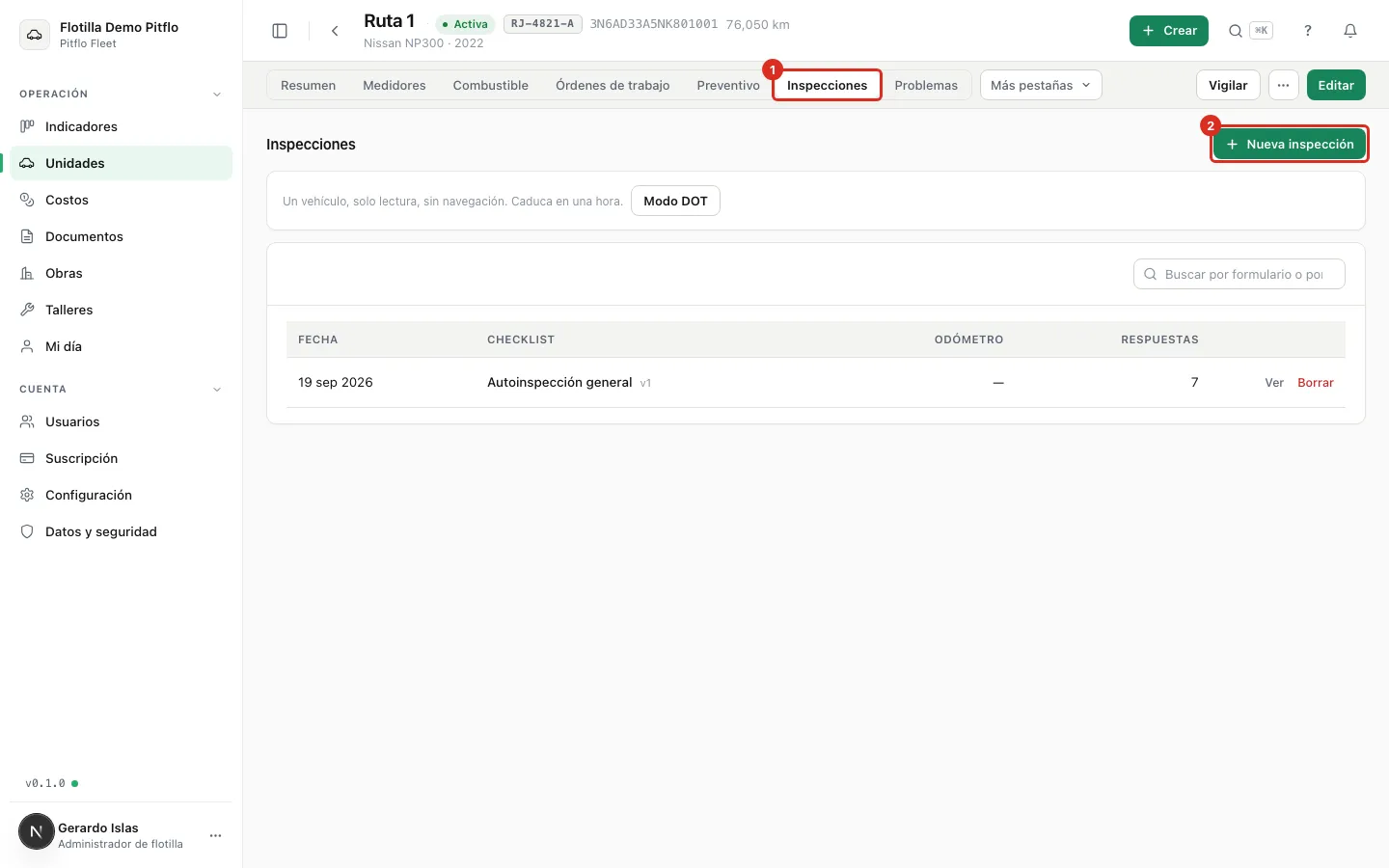 La pestaña Inspecciones del expediente