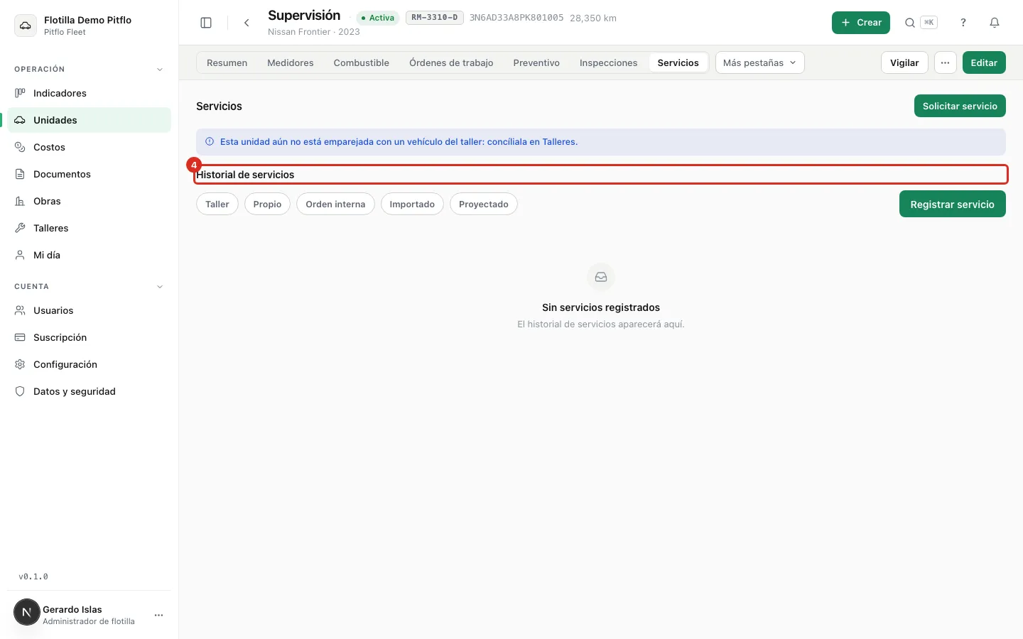 El historial de servicios de la unidad