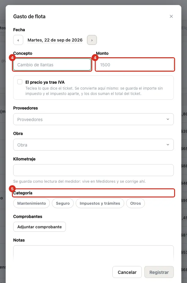 El formulario del gasto: concepto, monto y categoría